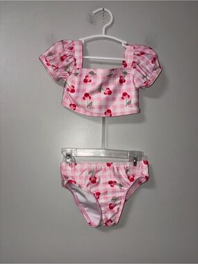 Minnie Mouse Pink White Gingham 2 Piece Cherry Print Swimsuit Girls 18M